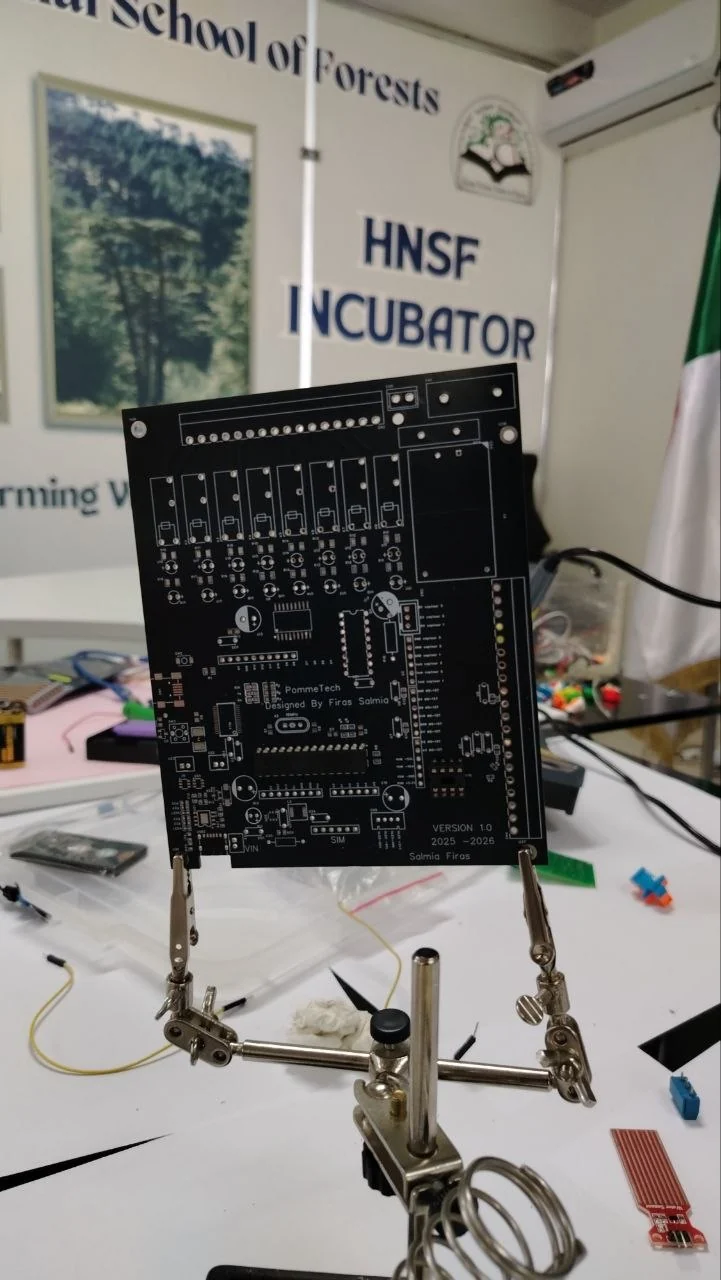 Poultry Guard prototype circuit board on a workbench